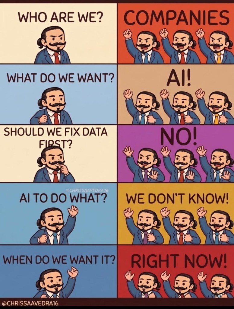 Meme sobre empresas que quieren implementar inteligencia artificial sin resolver primero la calidad de los datos.