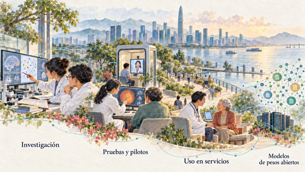 A collaborative research scene featuring diverse individuals in lab coats analyzing data on screens, symbolizing investigation and innovation in healthcare, with a scenic waterfront city skyline in the background.